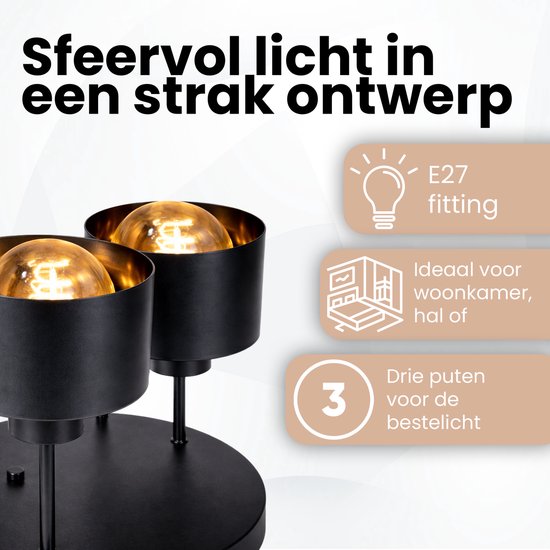 WoonWonder Zwart Industriel - 3 x max. 60 Watt (E27) - Prêt à accrocher - Plafonnier Salon, Chambre d'enfant, Chambre à coucher - excl. source de lumière
