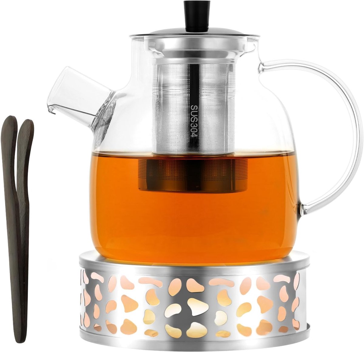 Glazen Zilveren Theepot - 1500ml Theepot voor Losse Thee - Theepot met Basis - Glazen Theepot met Infuser en Verwijderbaar RVS Zeef - Duidelijke Glazen Theepot voor Thee en Koffie - Kookplaat