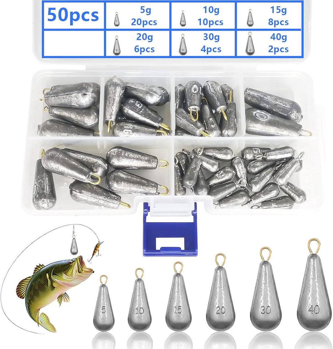 50 Delige Set Druppelvormige Loodgewichten voor Vissen | Diverse Grammages | Inclusief Opbergdoos
