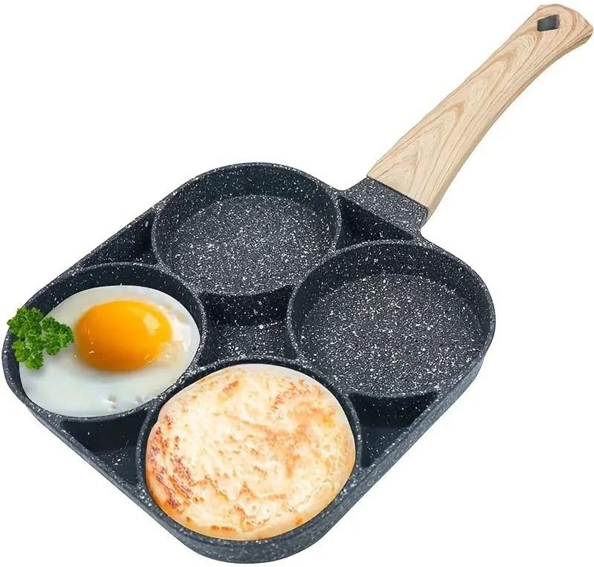 Antiaanbakpan voor 4 eieren met houten handvat