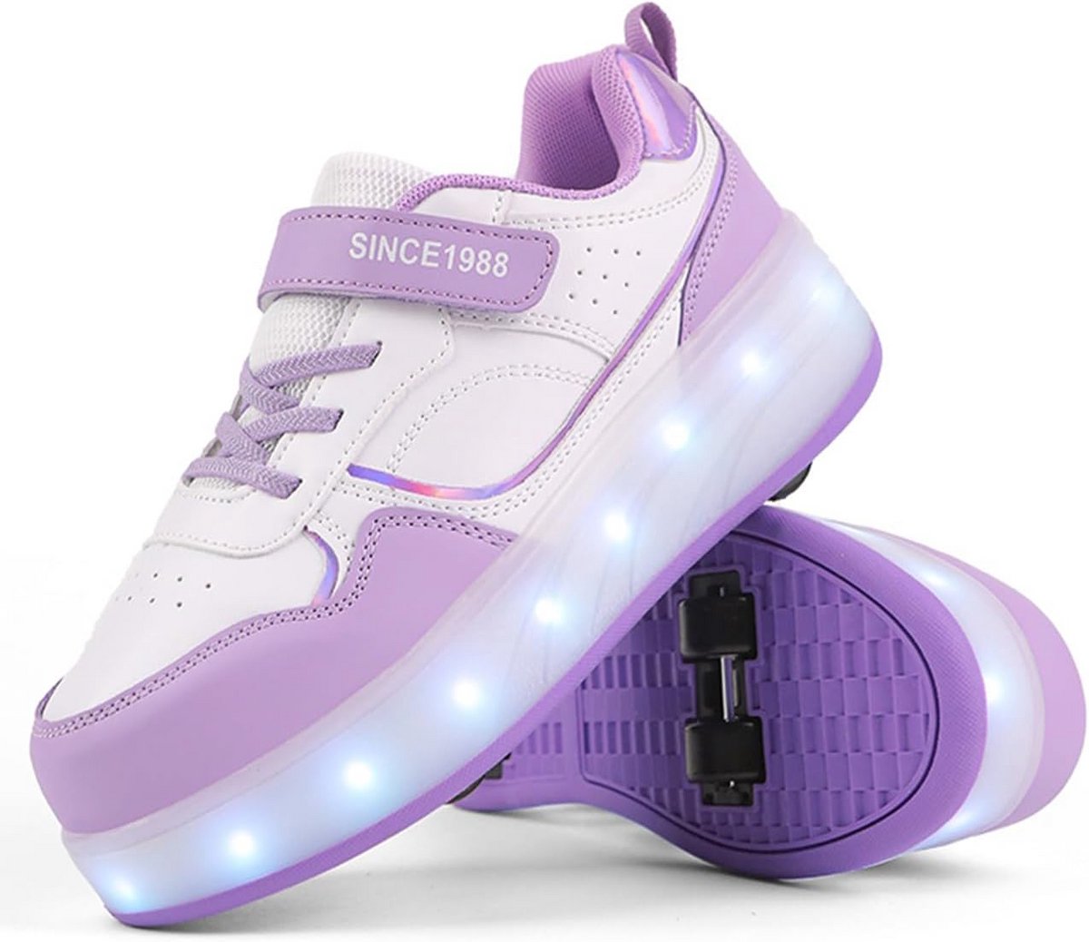 Verlichte Rolschaats Schoenen voor Kinderen LED Skates met 4 Wielen en Intrekbare Zolen Paars
