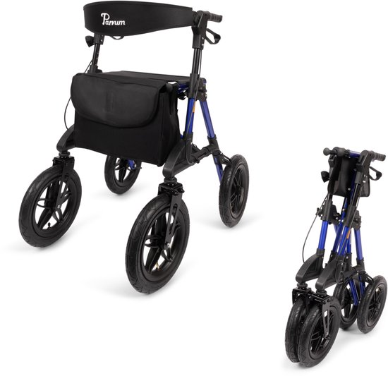 Parvum Rebel Rollator - Rollator met luchtbanden - Opvouwbaar - Incl. stokhouder, tas & rugleuning - Blauw