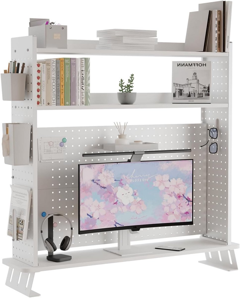 2-Laags Bureau Organizer met Plank en Monitorverhoger 100 cm Wit