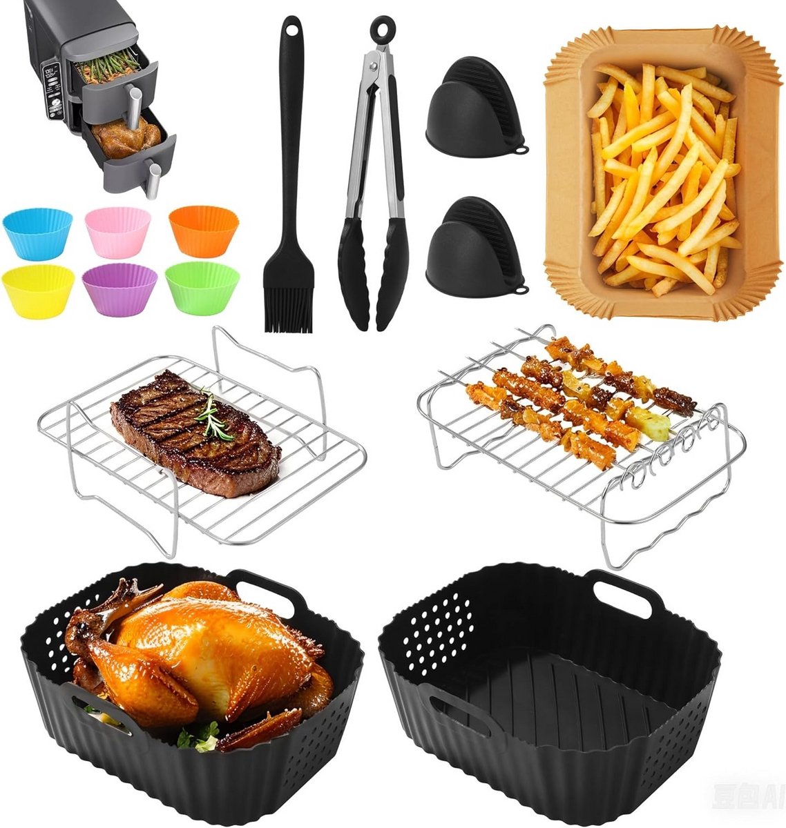 19-delige Accessoireset voor Dubbele Heteluchtfriteuse: Siliconen Bakvormen en Meer