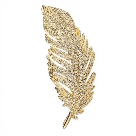 Gouden veer broche bezet met glinsterende strass steentjes.