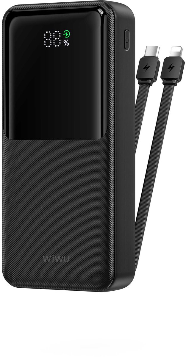 WiWU Powerbank 20000mAh 2-in-1 kabel Type-C en Lightning - Digital display - Zwart