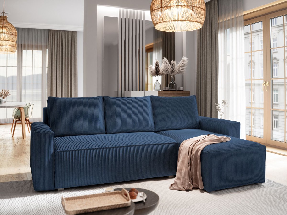 HOEKBANK POTARO Blauw Cordstof met slaapfunctie