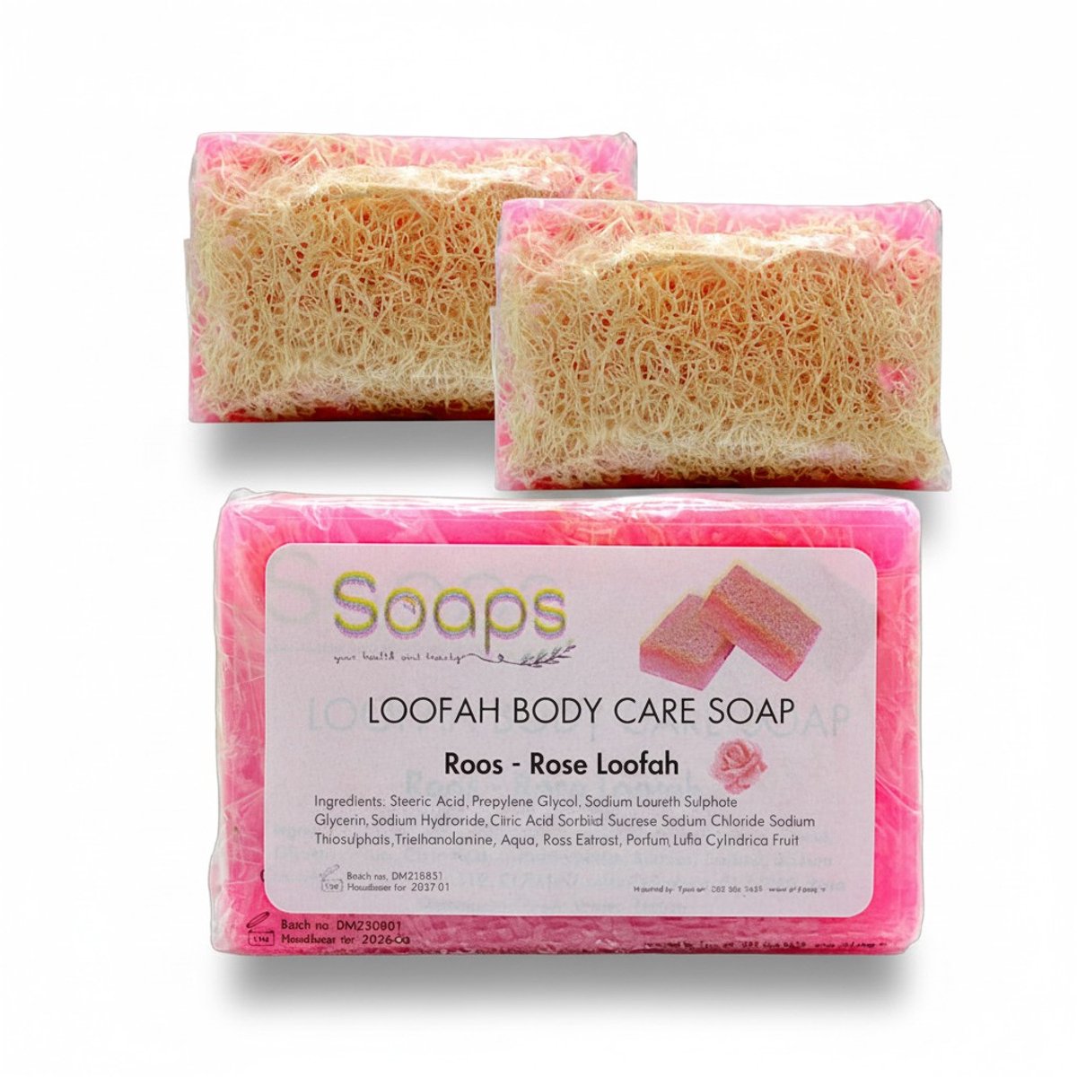 2x Roos Extract met Natuurlijke Luffa Spons – Loofah Body Care Zeep – Verzorgende & Exfoliërende Badzeep voor Lichaam, Gezicht en Handen