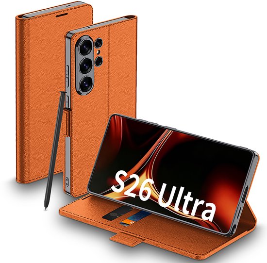 Samsung Galaxy S26 Ultra Hoesje Slim Bookcase Oranje met Pasjeshouder, Dunne Wallet Cover, 360° Bescherming