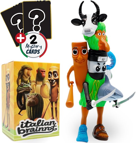 Figurine composite étrange avec des parties orange, vertes et blanches, avec un requin, une tête de vache, des bras et des jambes oranges. Inclut 2 cartes mystères et une boîte avec diverses créatures.