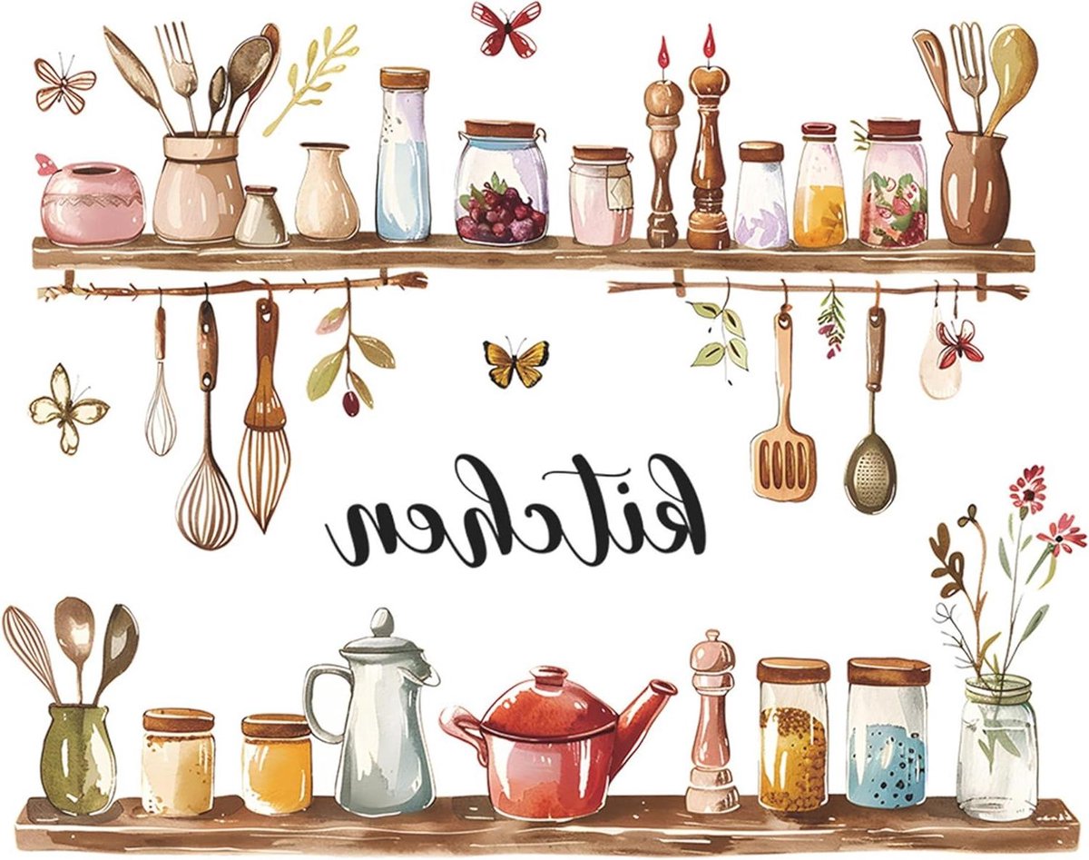 Muurstickers decoratief keuken vlinder keukengerei eetkamer kast muur 40 x 60 cm.