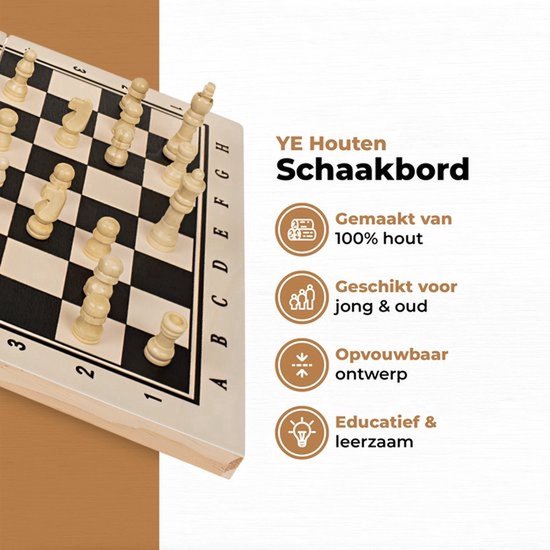 Houten schaakbord met beige en zwarte velden. Naast het bord staan informatie-iconen.