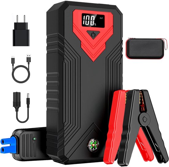 Aurixi® Startkabels Met Accu - Jumpstarter Voor Auto - Starthulp - Zwart en Rood - 9cm x 19cm x 4cm
