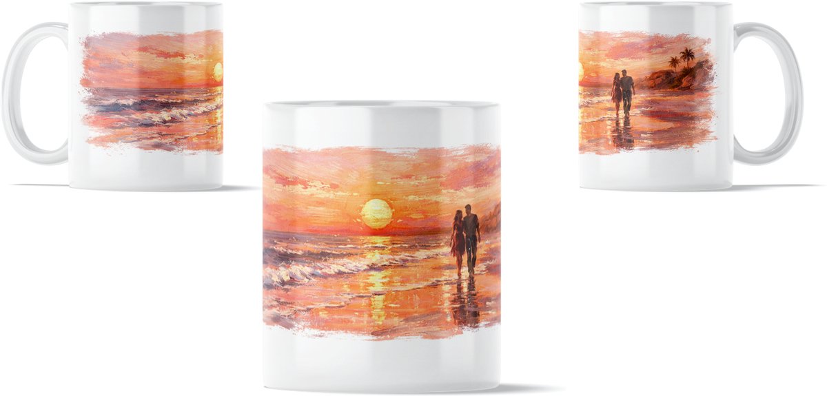 Mok romantiek aan zee strand met zonsondergang