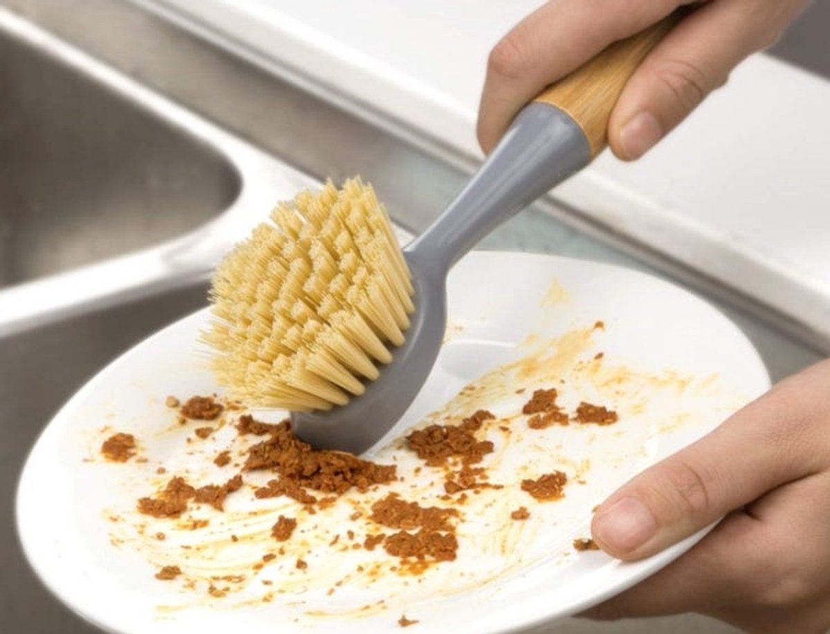 Afwasborstel met schraper, bamboe handvat, schuurborstel, 2-pack