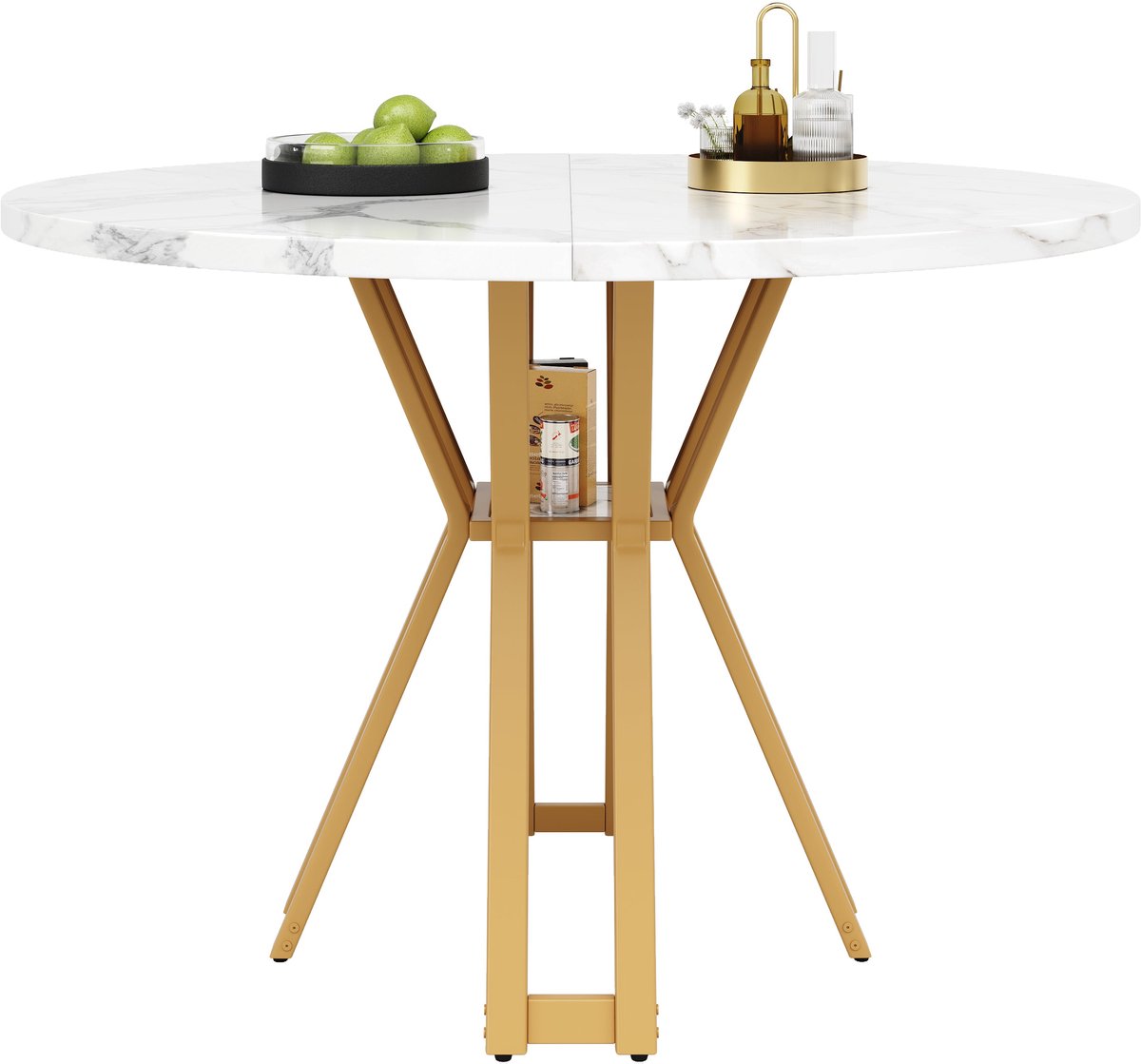 Merax Ronde Eettafel 100 X 100 X 76 Cm – Marmerlook Tafelblad Van MDF – Gouden Metalen Poten – Keukentafel Voor 4 Tot 6 Personen