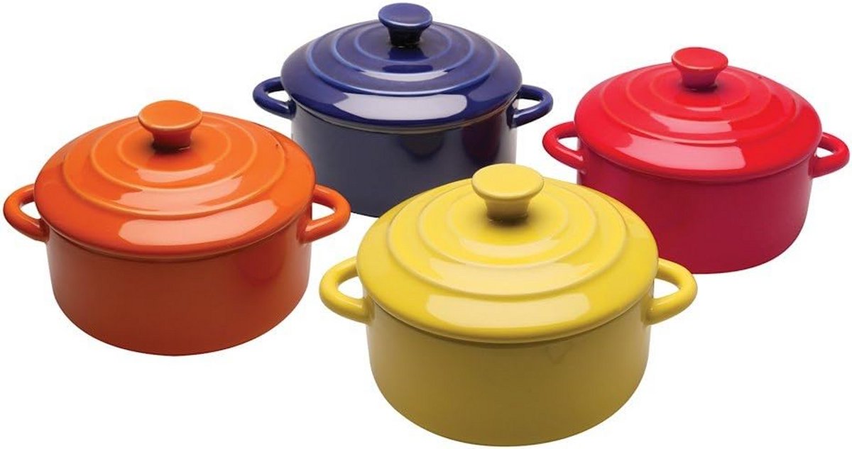 Set van 4 Mini Ovenschaaltjes van Steengoed met Deksel - Gekleurde Portie Cocottes
