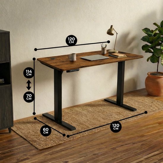 Bruin zit sta bureau van 120x60cm met zwarte poten, gemarkeerde afmetingen H: 70-114cm, L: 120cm, B: 60cm.