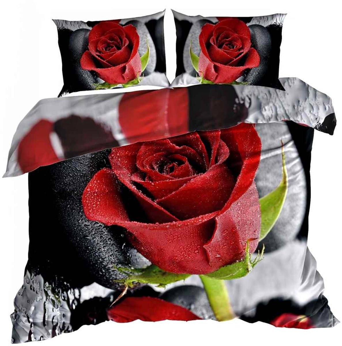 Luxe 3D Dekbedovertrekset - Katoen Satijn - 200x220 cm - Inclusief 2 Kussenslopen 70x80 cm - Design: Czerwona Róża - Grote Rode Roos - Romantisch & Elegant