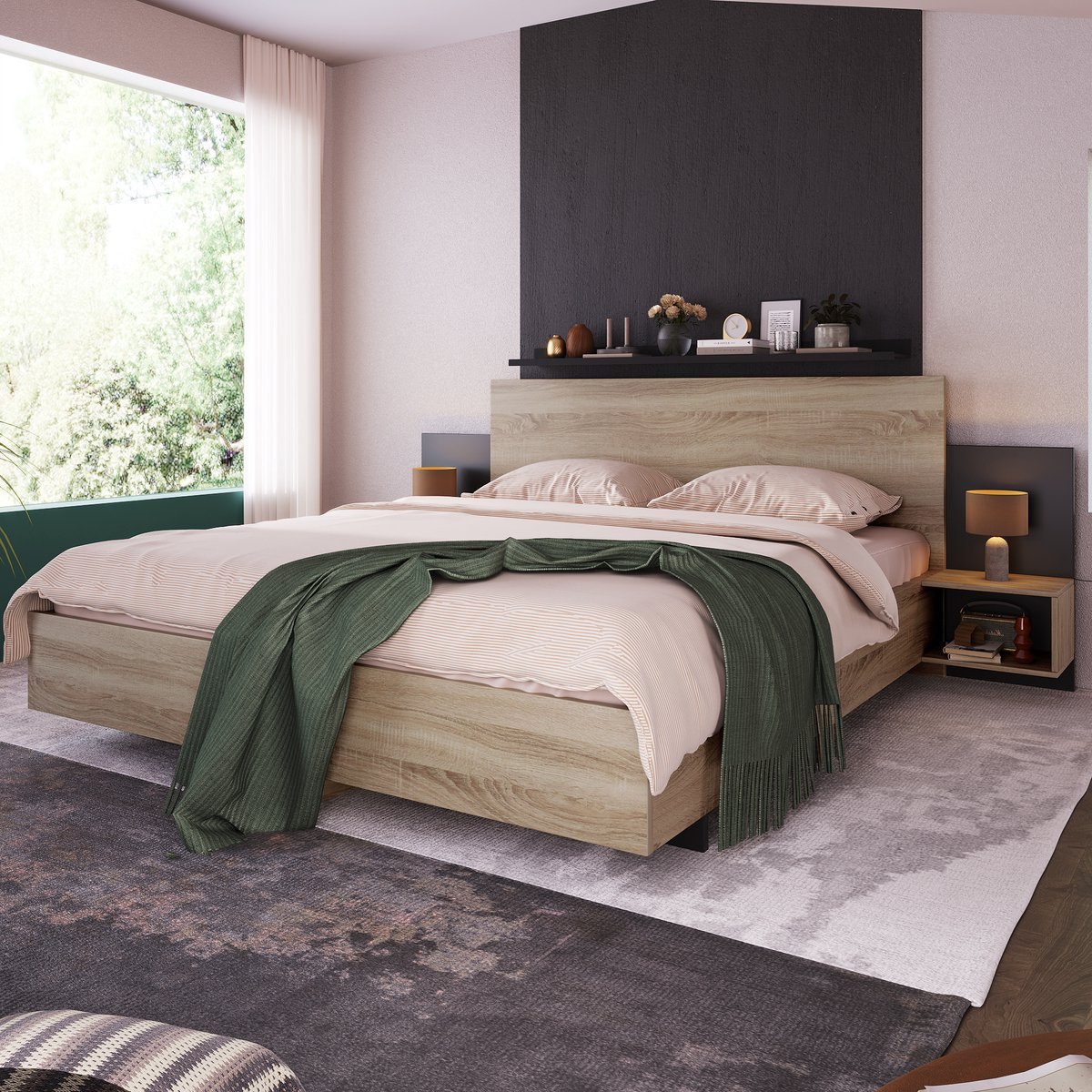 Wishdor Tweepersoonsbed 160x200 cm – Met 2 Zwevende Nachtkastjes – Sonoma Eik en Donkergrijs – Strak & Compleet – Massief Hout & Spaanplaat