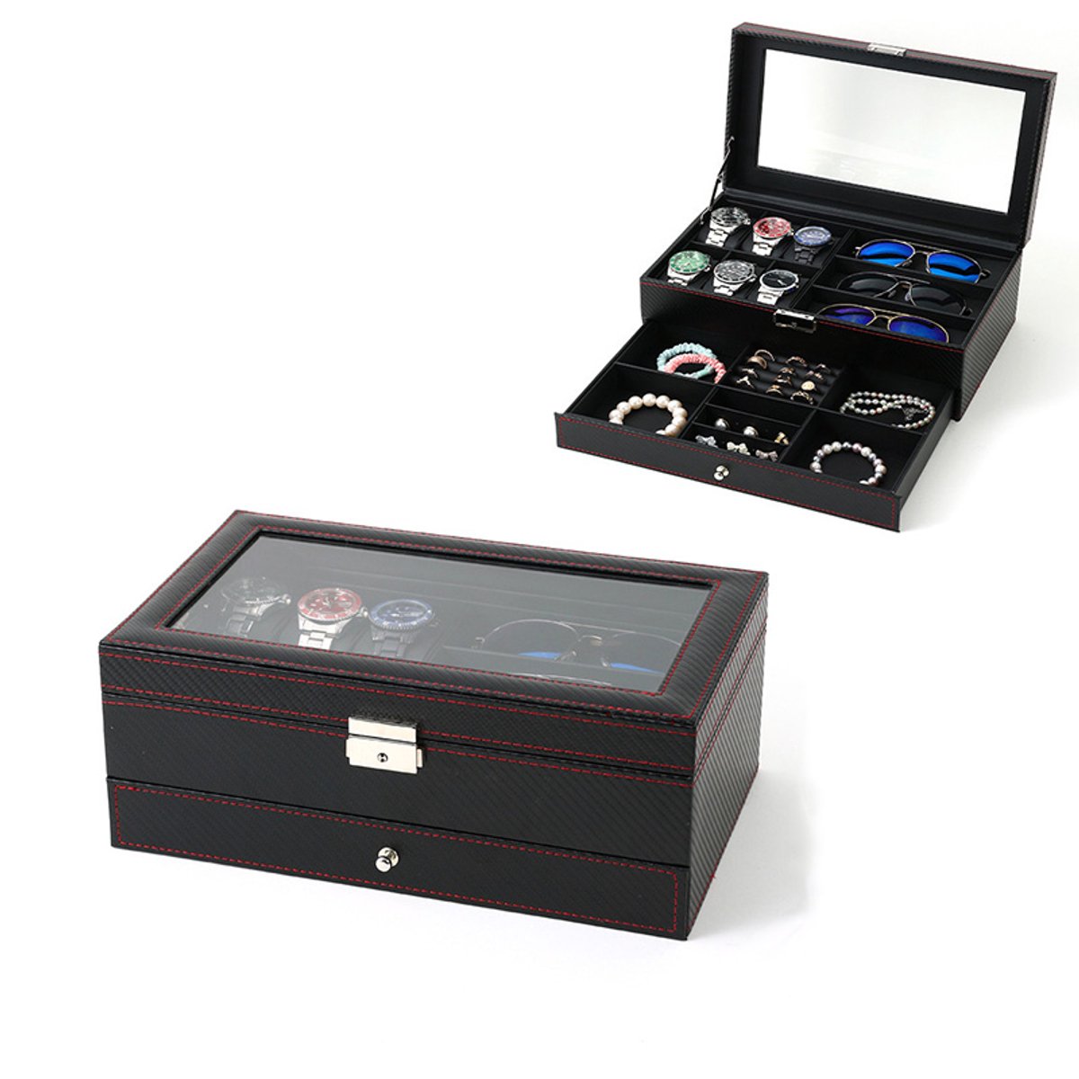 Horloge- en sieradendoos - Opbergdoos, 6 vakken, dubbellaags, met deksel, afsluitbaar, opbergdoos voor zonnebrillen
