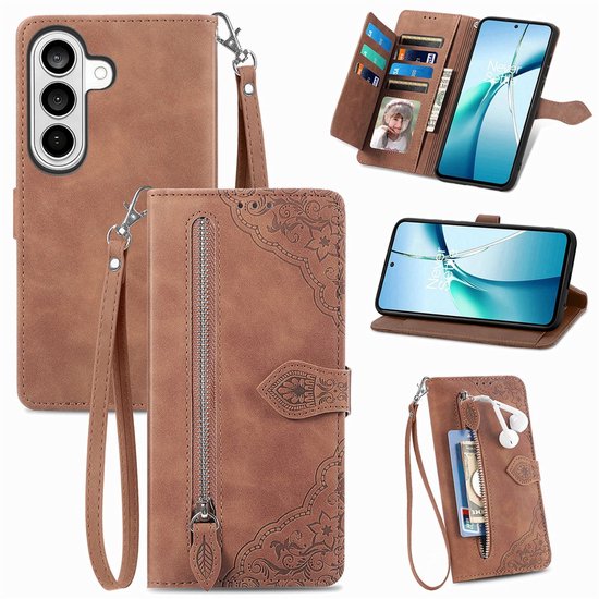 Samsung Galaxy A57 5G telefoonhoesje leren portemonnee met rits, book-case, ruimte voor 7 pasjes, bruin