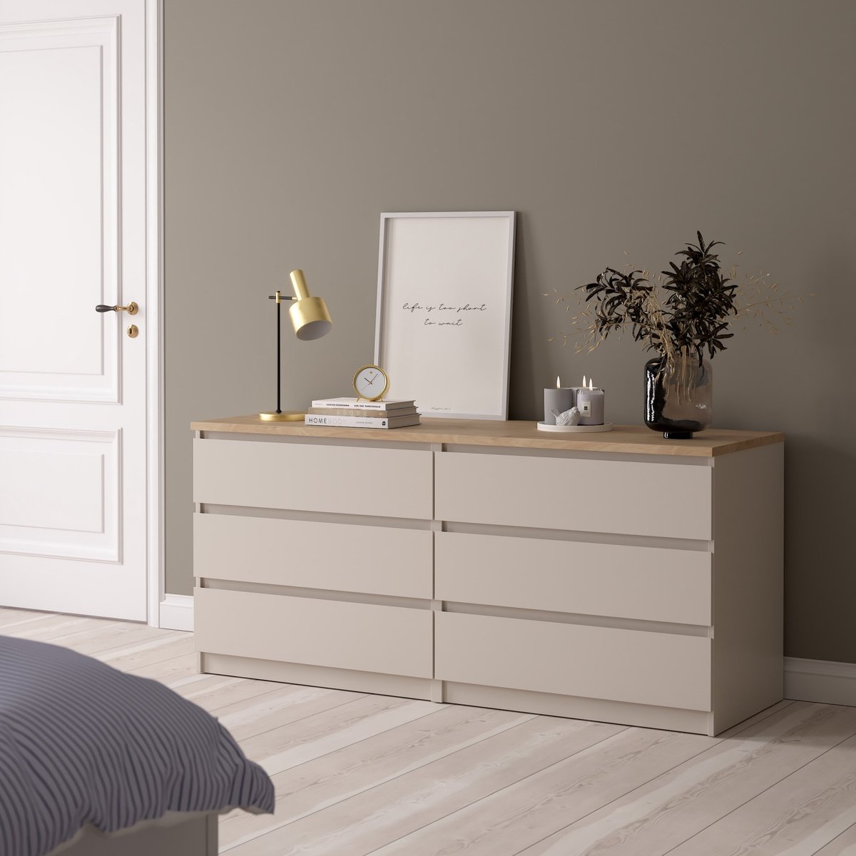 Ladekast Luna Taupe - Eiken Houtlook - 6 Ruime Greeploze Lades