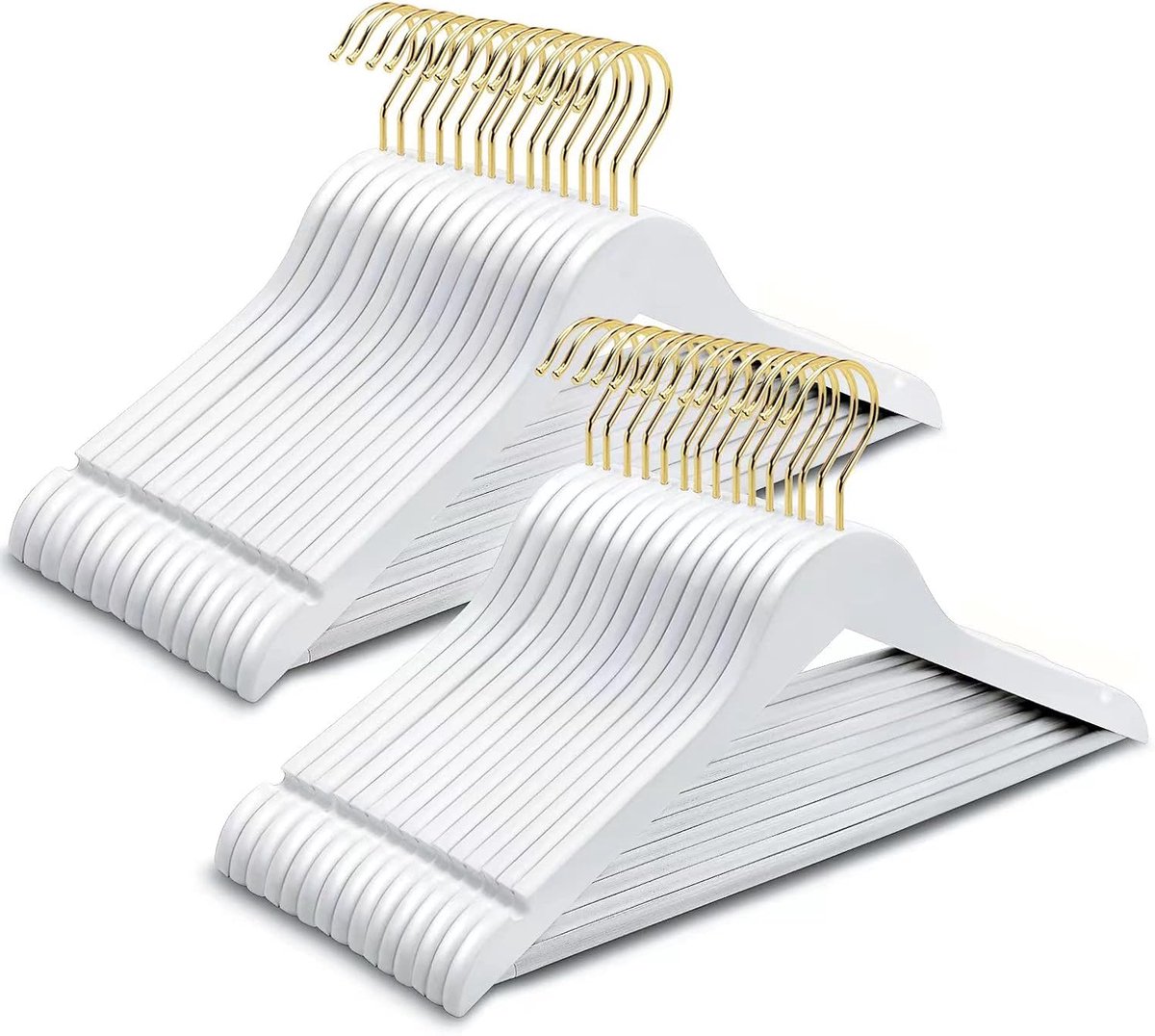 Set van 20 Massief Houten Kledinghangers Wit met Antislip Broekstang en Gouden Haak