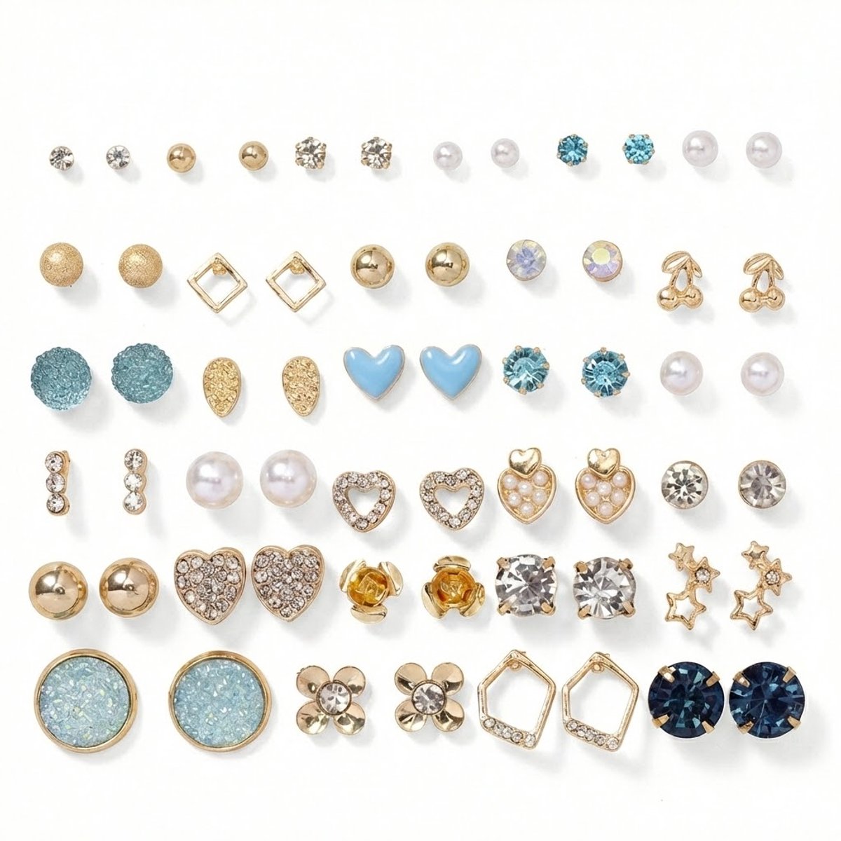 30 Paar Dames oorbellen Set – Goudkleurige Oorstekers met Hartjes, Bloemen, Parel-look, Strass en Blauwe Accenten
