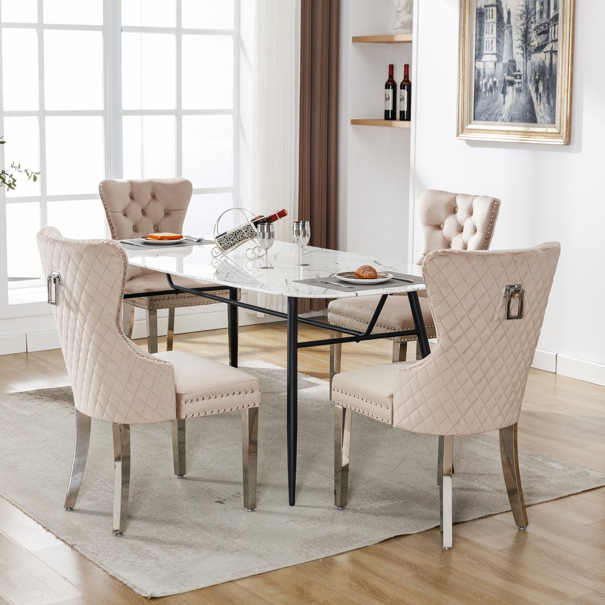 OKWISH Eetkamerstoel Set Van 4 - Fluwelen Bekleding - Met Deurklopper En Siernagels - Voor Eetkamer Woonkamer - Beige
