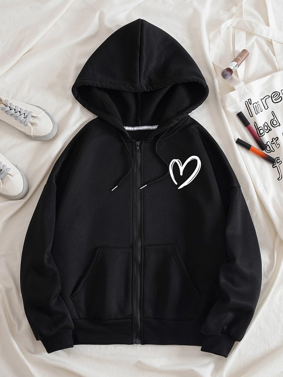 Trendy Zwarte Dames Hoodie met Capuchon en Rits Comfortabele Casual Sweater met Hart Motief Warme & Stijlvolle Bovenkleding -M