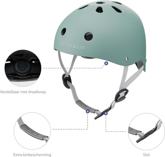 Zalmgroene kinderhelm met verstelbare draaiknop, extra kinbescherming en slot.