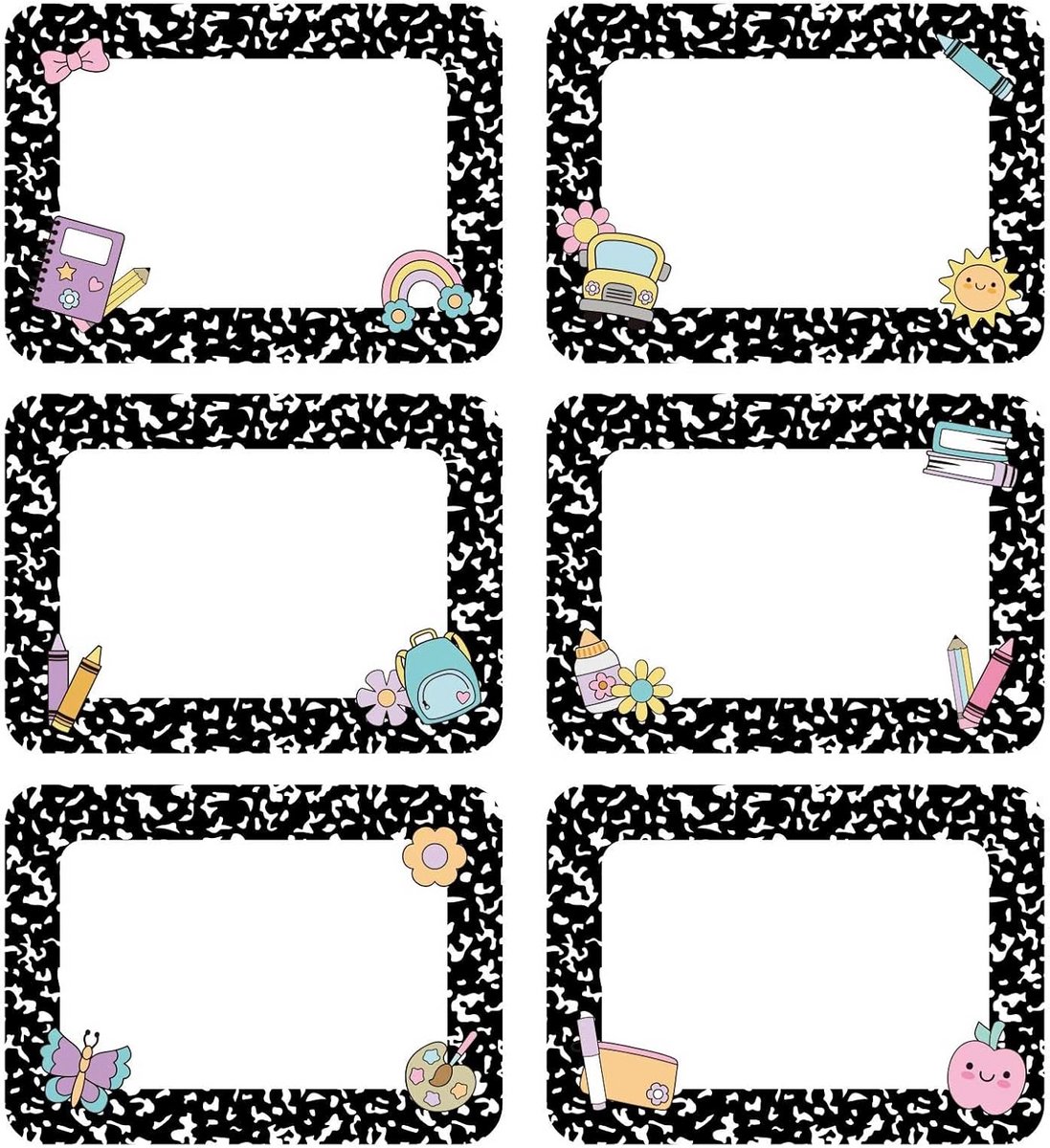 144 Stuks Naamplaatjes Stickers Etiketten voor School en Kantoor - Zwart-Wit Ontwerp