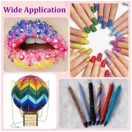 Collage van creaties met strass steentjes: lippen, nagels, tas, pennen, fles.