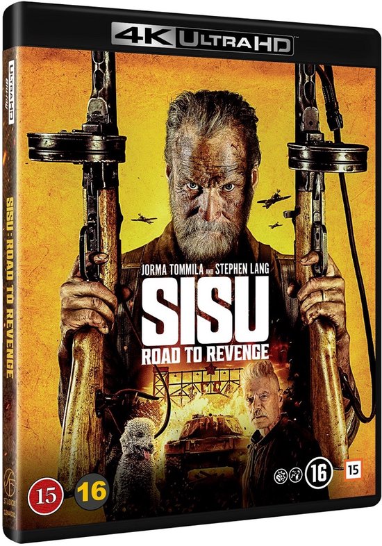 4K Ultra HD Blu-ray hoes met een man met een baard die twee geweren vasthoudt. Titel: SISU - ROAD TO REVENGE. Met leeftijdsclassificatie 16.
