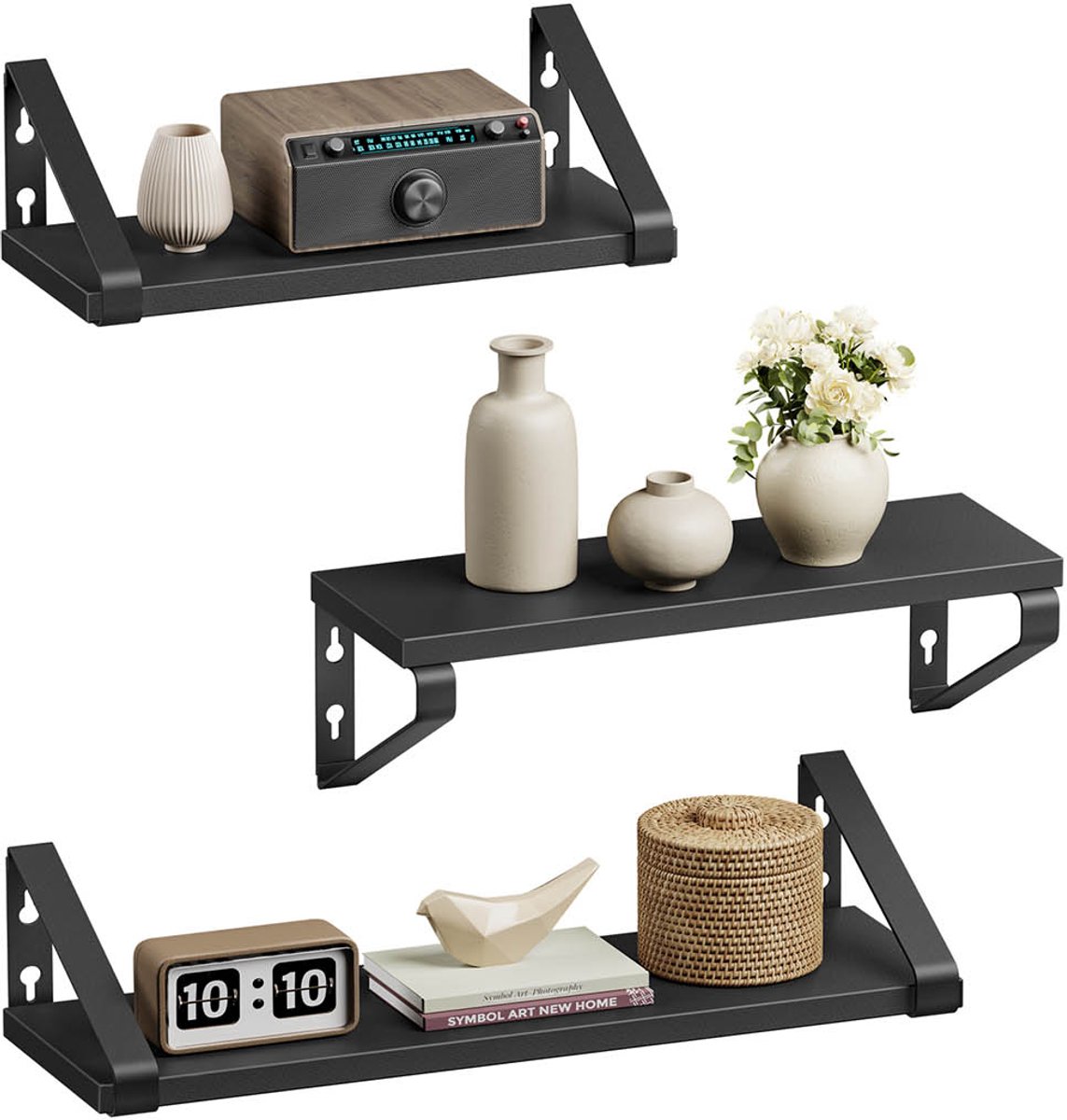 Set van 3 zwevende wandplanken – Hout en metaal – Inktzwart en matzwart – Dubbele montagemogelijkheden