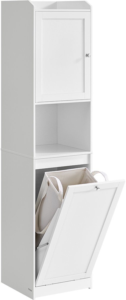 Hoge badkamerkast – Samengesteld hout – Wolkenwit – Uitneembare wasmand en vrijstaand ontwerp voor kleine ruimtes
