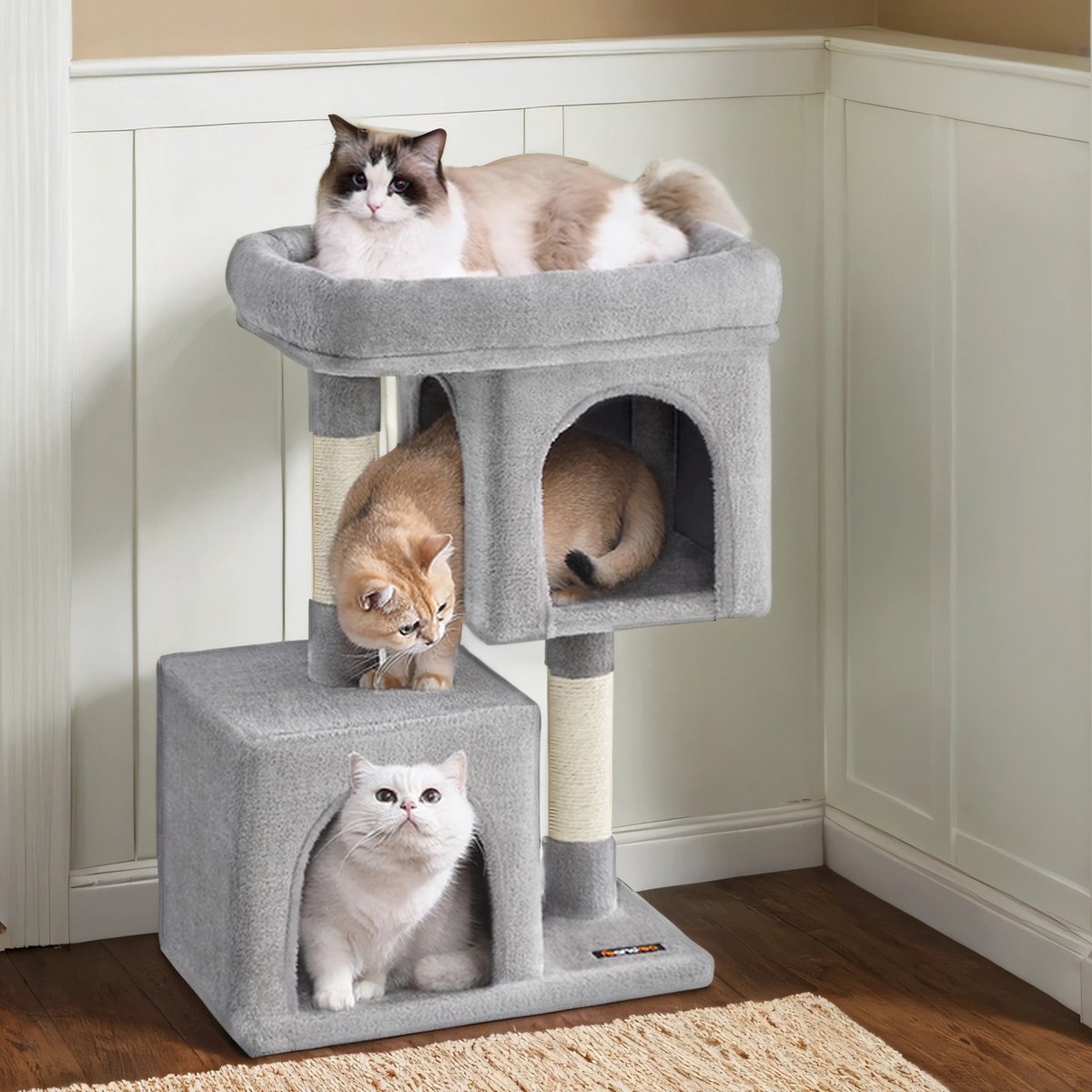 Krabpaal – Hout – Lichtgrijs – Groot zitvlak met twee kattenholletjes en krabpaal