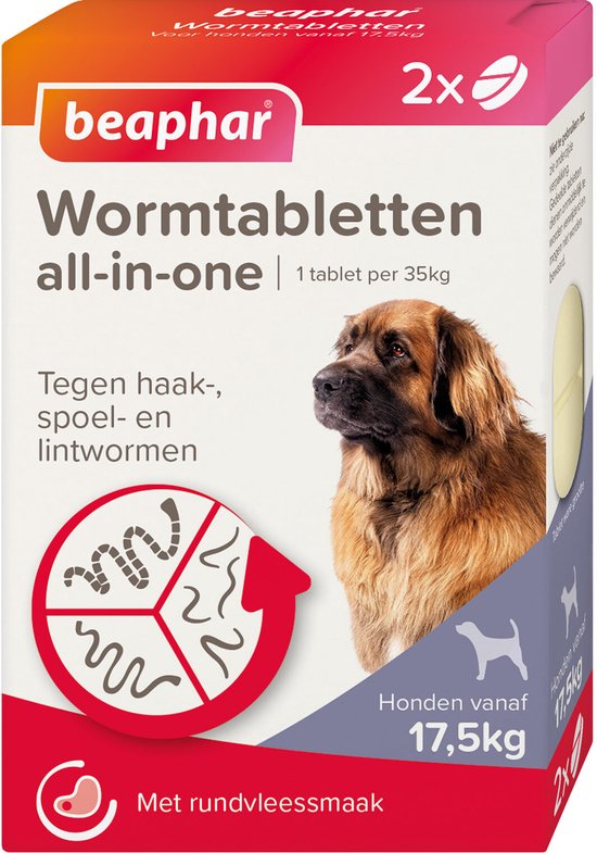 Doos Beaphar wormtabletten voor honden van 17,5kg, met rundermaak.
