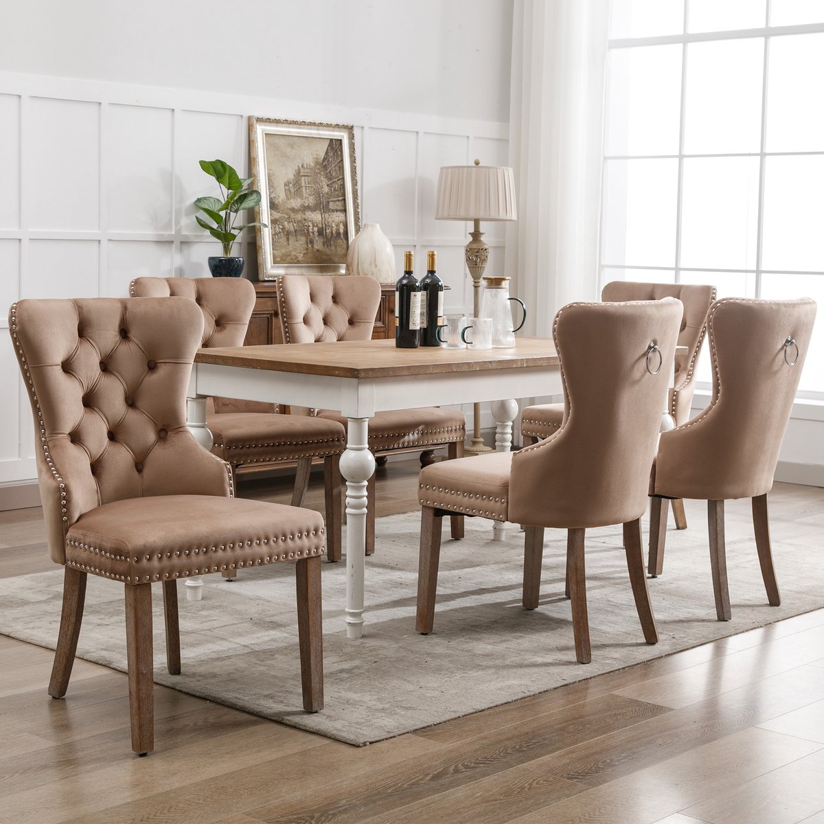 STILVORA Eetkamerstoel Set Van 6 – Fluwelen Bekleding – Met Siernagels En Klopring – Verstelbare Poten Massief Rubberwood – Licht Koffie