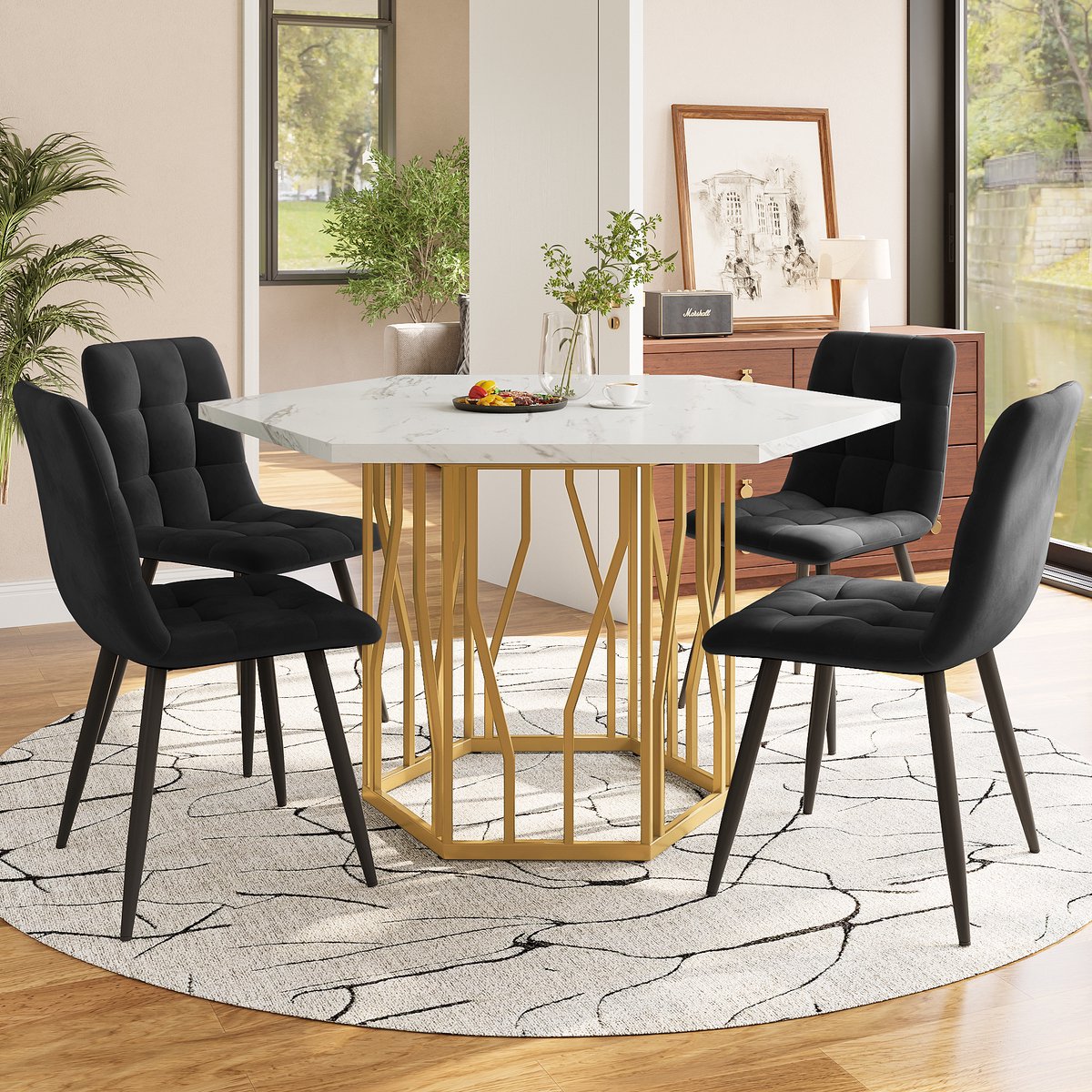 STILVORA Eettafel En Stoelenset - Zeshoekige Marmerlook Tafel 115,5×100×75 Cm - 4 Fluwelen