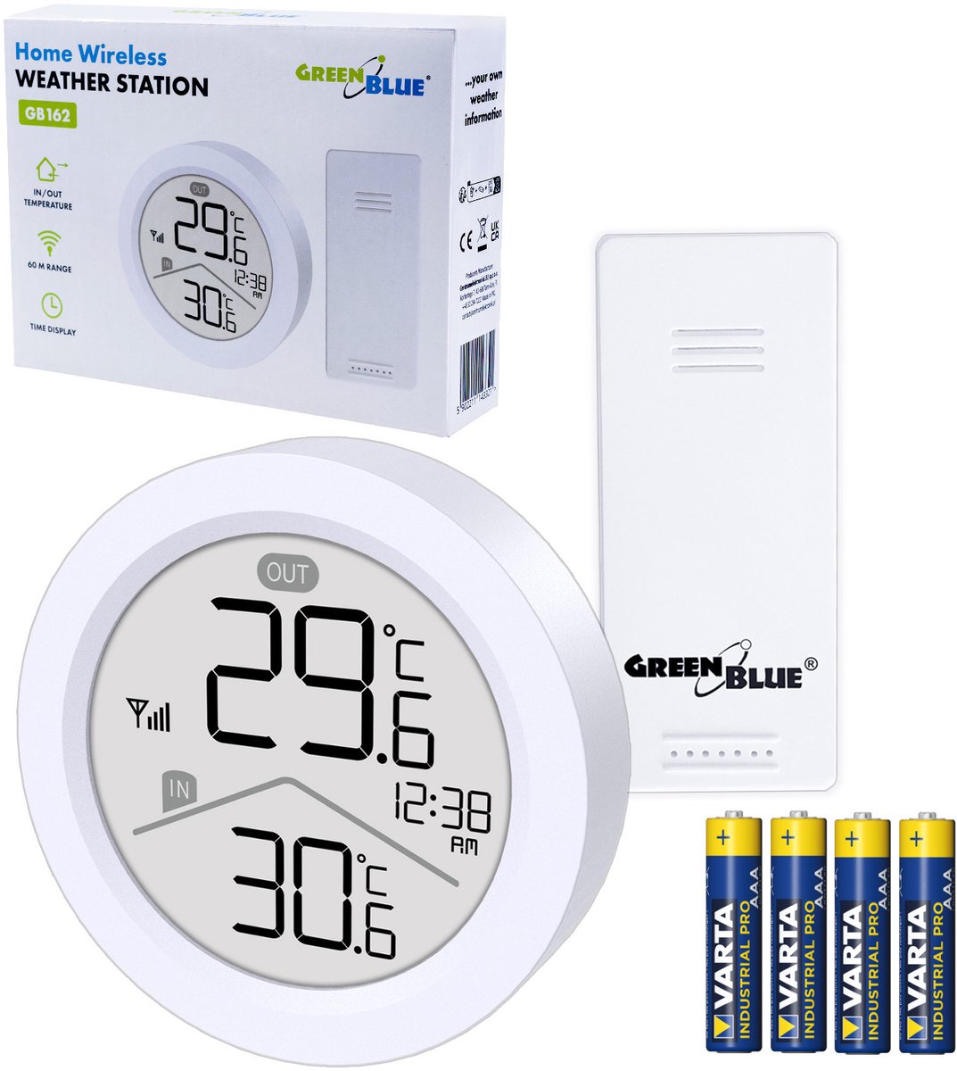 GreenBlue - Draadloze weerstation - temperatuur IN/OUT - klok - keuze uit °C / °F - bereik tot 60 m - GB162 - Wit - Set met batterijen