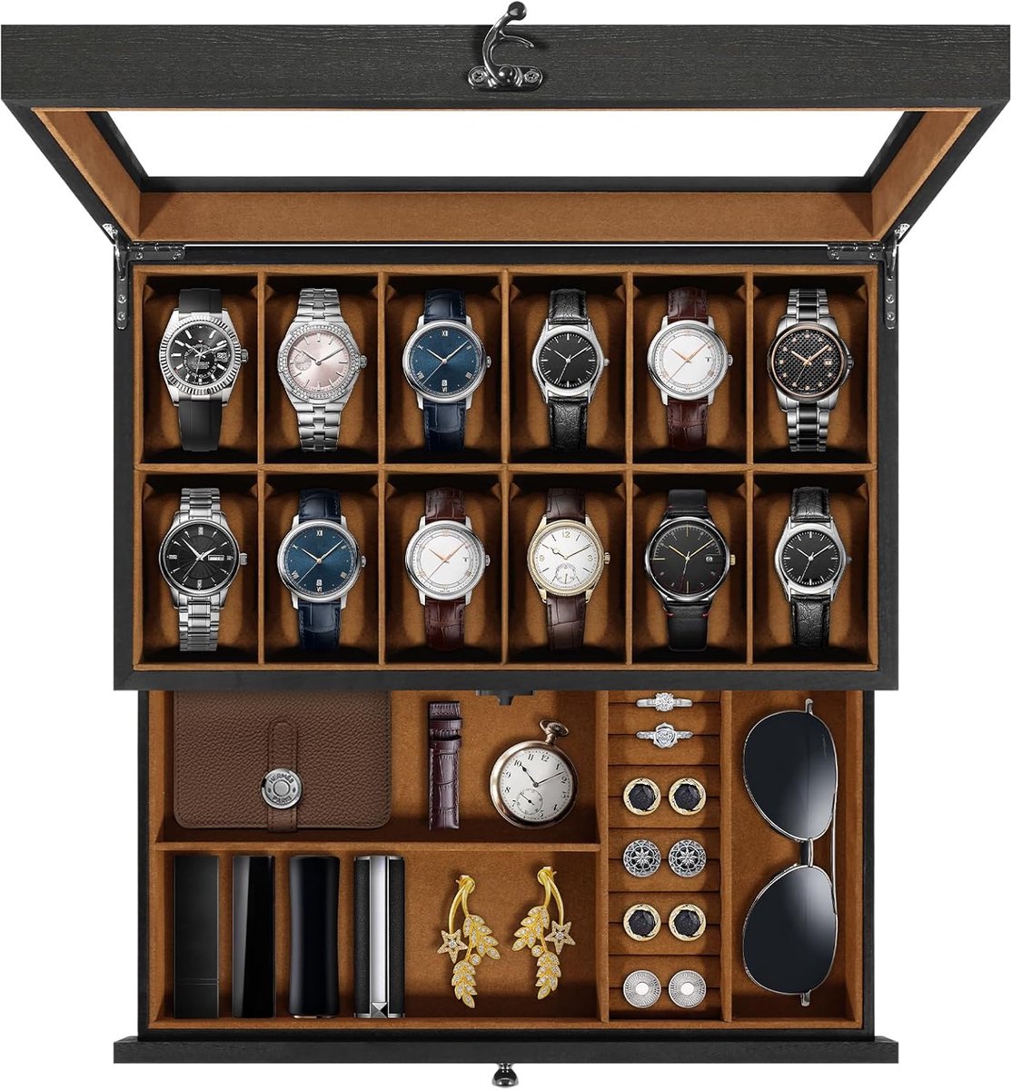Uten 2 Niveaus Houten Horloge Doos - Horlogebox - Geschikt voor 12 Horloges - Sieradendoos - Brillendoos - Zwart en Bruin