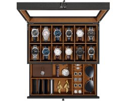 Uten 2 Niveaus Houten Horloge Doos - Horlogebox - Geschikt voor 12 Horloges - Sieradendoos - Brillendoos - Zwart en Bruin