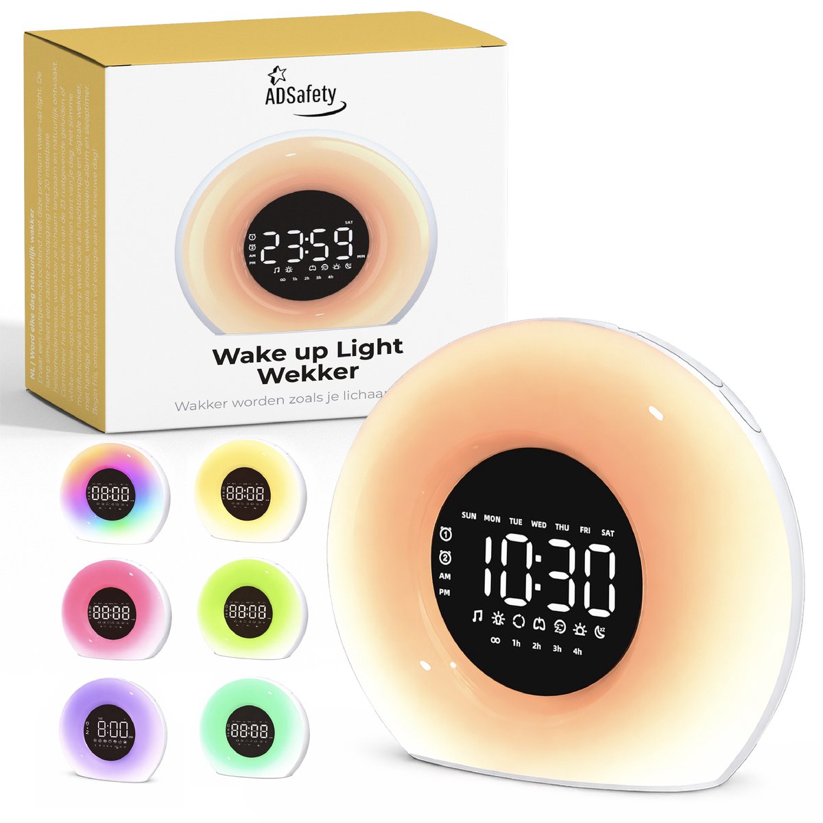 ADSafety Wake Up Light - Digitale Wekker - Dimbare Lichtwekker - Zonsopgang Simulatie - 20 Helderheid niveaus - 25 White Noise geluiden - Snooze - Nachtlampje