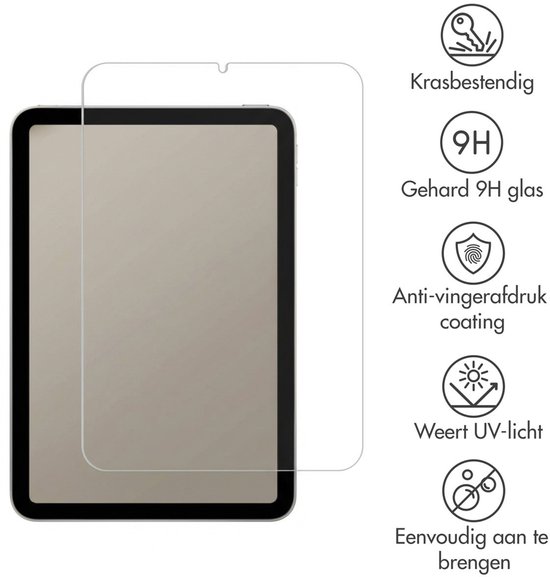 Transparante screenprotector op een iPad Mini. "Krasbestendig", "Gehard 9H glas", "Anti-vingerafdruk coating", "Weert UV-licht", "Eenvoudig aan te brengen".