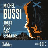 Boekomslag met profiel van een gezicht, Marionet-achtig figuur aan draden, Michel Bussi, Trois vies par semaine