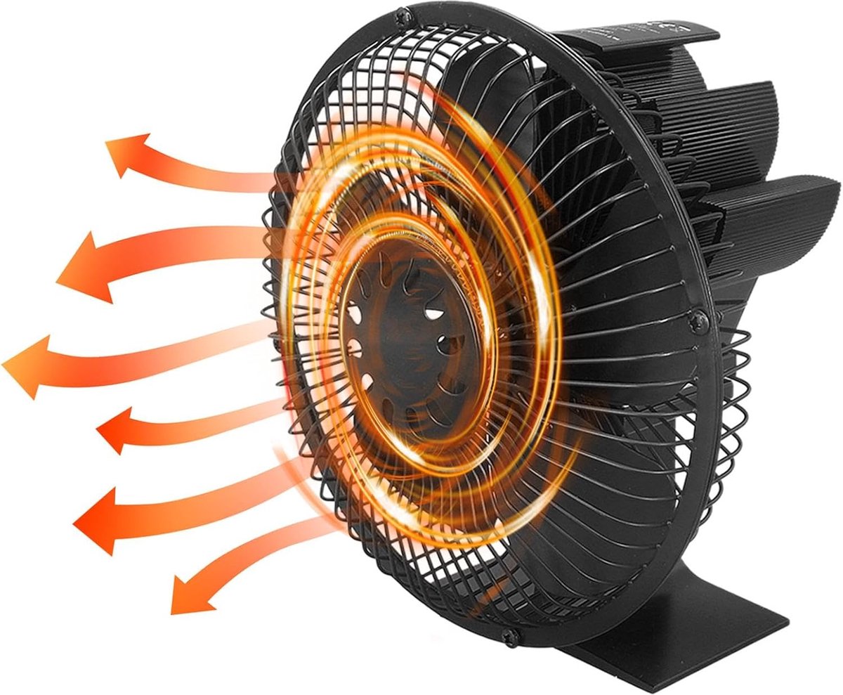 Houtkachel Ventilator - Warmte Aangedreven - Efficiënt Verwarmen - Niet-Elektrisch - 22.2cm Zaagdiameter - Zwart