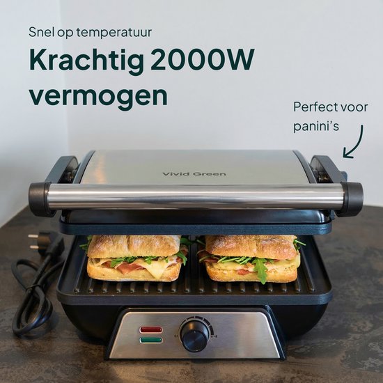 Vivid Green contactgrill met twee belegde broodjes, "Krachtig 2000W vermogen", "Perfect voor panini's".