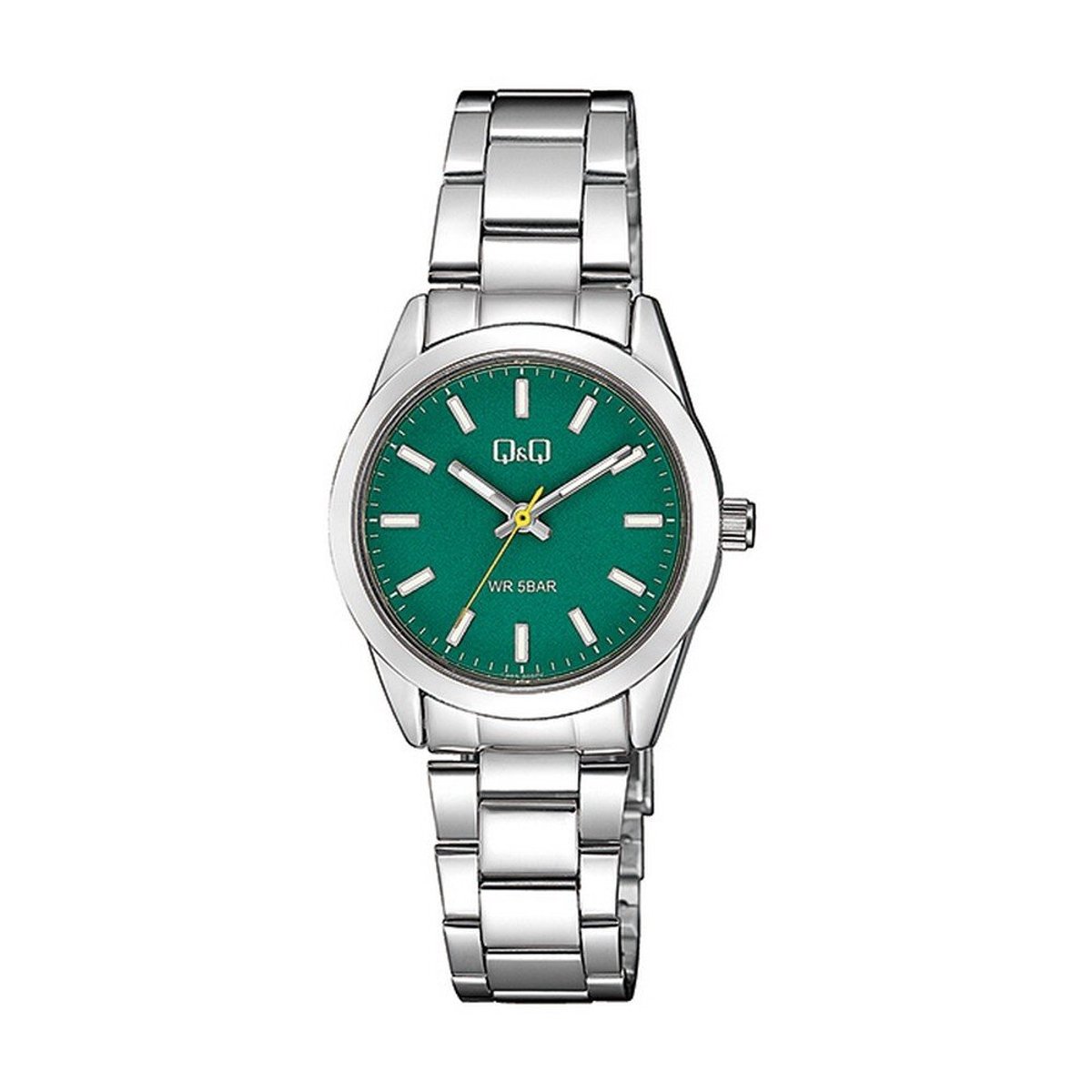 QQ Q82A-003PY - Horloge - Analoog - Dames - Vrouwen - stalen band - Rond - Metaal - Streepjes - Zilverkleurig - Groen - 5 ATM